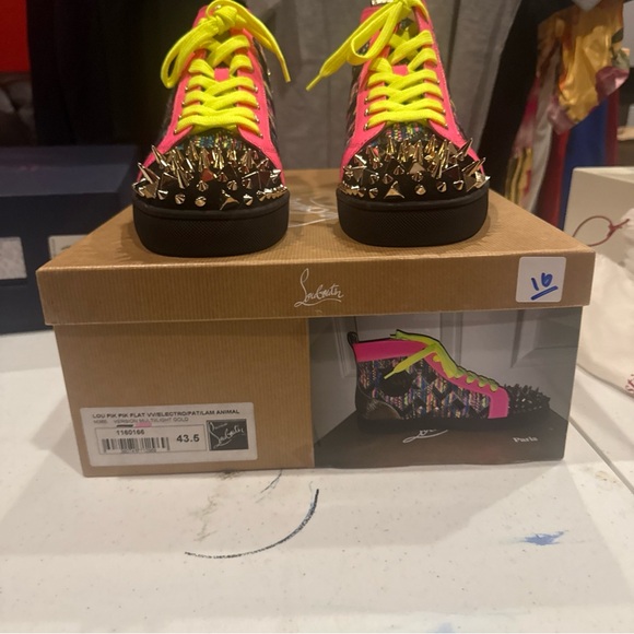 Christian Louboutin Neon Pink and Black Spiked Sneakers - Picture 4 of 6
